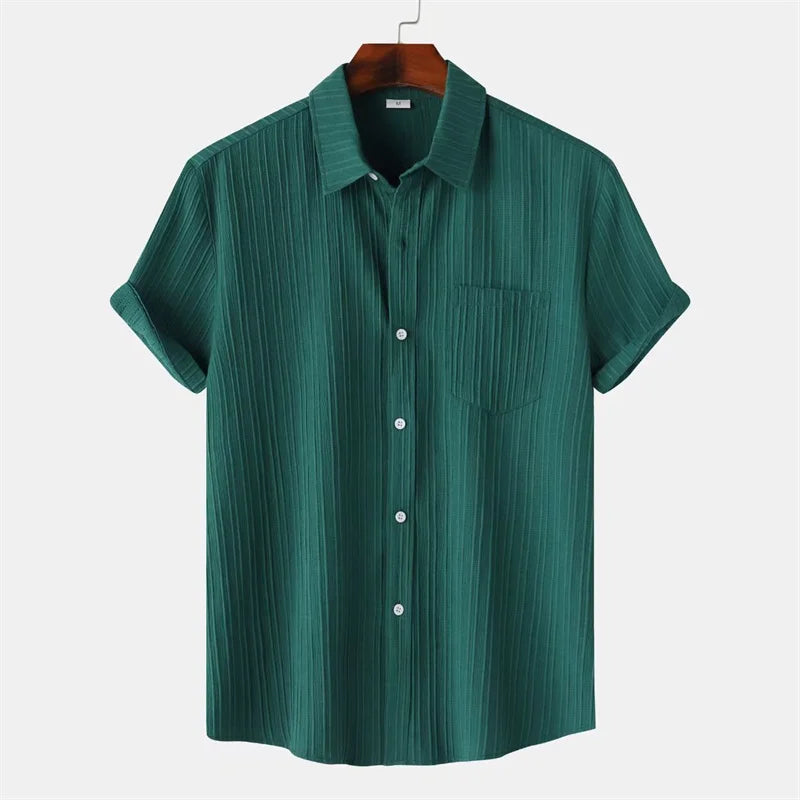 New 9 Color Men's Solid Striped Shirt Summer Fashion Short Sleeve Flap Top Men Casual Holiday Everyday Men