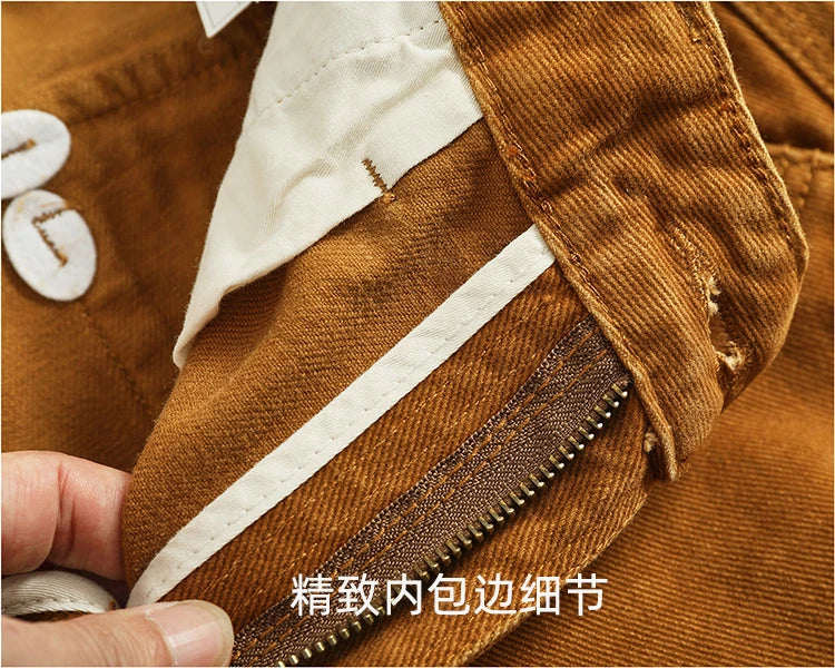 Retro heavy simple cargo pants men's loose straight leg casual pants pure cotton twill woven 3D vertical cut cone pants