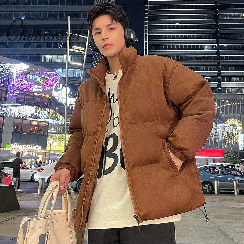 Men's Winter Loose Plus-sized Simple Stand-up Collar Cotton-padded Jacket Warm Thick Trendy Versatile Bottoms