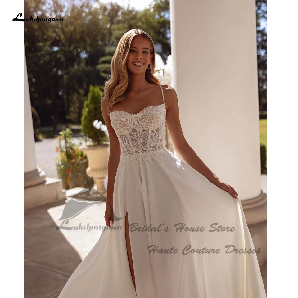 Lakshmigown Sexy A Line Chiffon Beach Wedding Dress Beading Lace 2026 Vestidos Civil Bridal Boho Gowns Spaghetti Straps