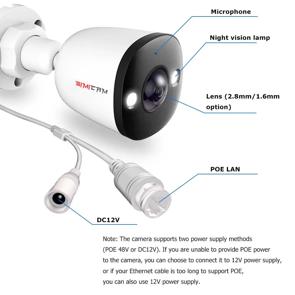 PoE IP Security Camera Outdoor with Audio 4K 5MP 4MP Surveillance Color Night Vision Fish eye ultra wide angle lens 1.6mm/2.8mm