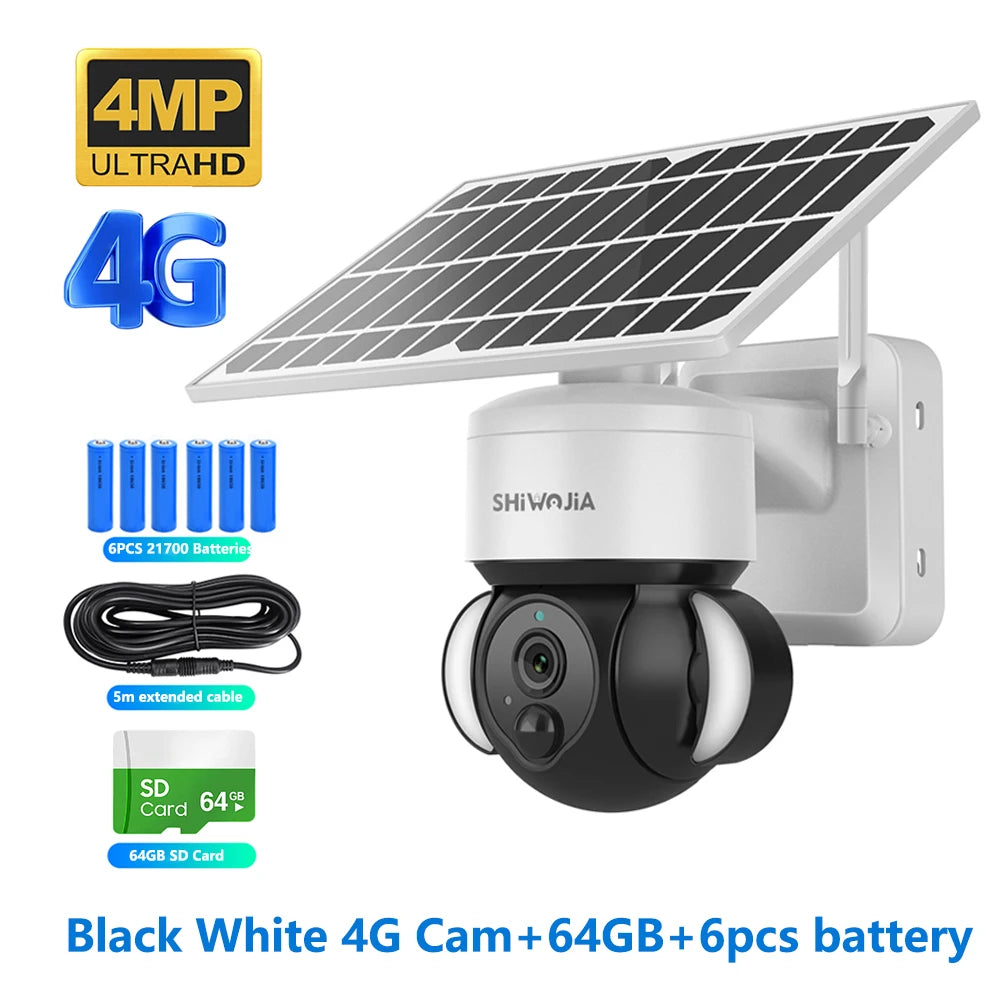 SHIWOJIA 4MP WIFI Solar Camera 4G Sim Card PIR Human Detection Solar Battery Security Camera CCTV Video Surveillance Outdoor Cam