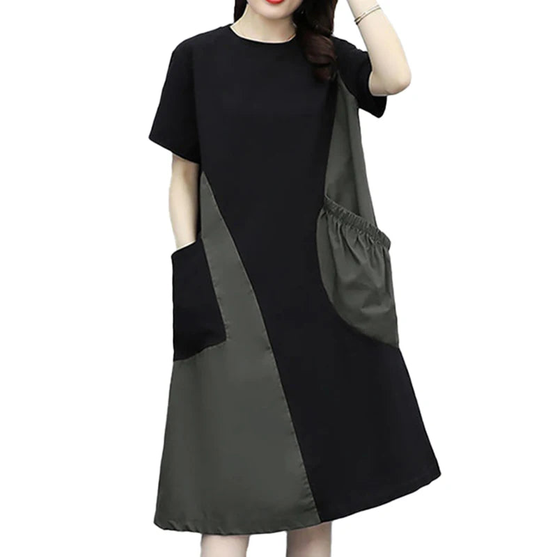 ZANZEA Korean Colorblock Patchwork Dress Women New Big Pocket Robe Summer Fashion Holiday Short Sleeve Mini Sundress Casual Robe