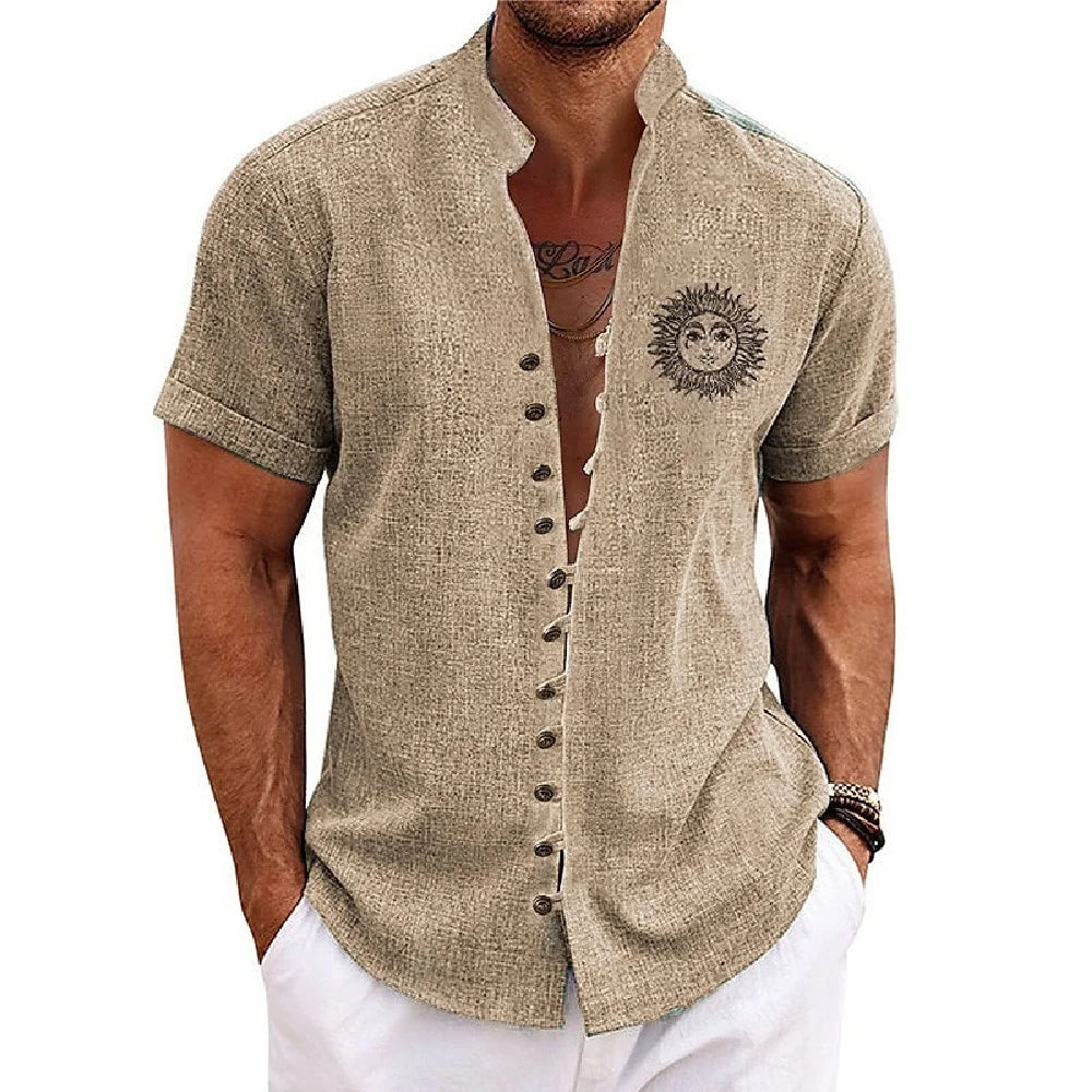 New men's linen short-sleeved shirt, with a fashionable retro style, ethnic motif printing, comfortable and breathable. Men's sh