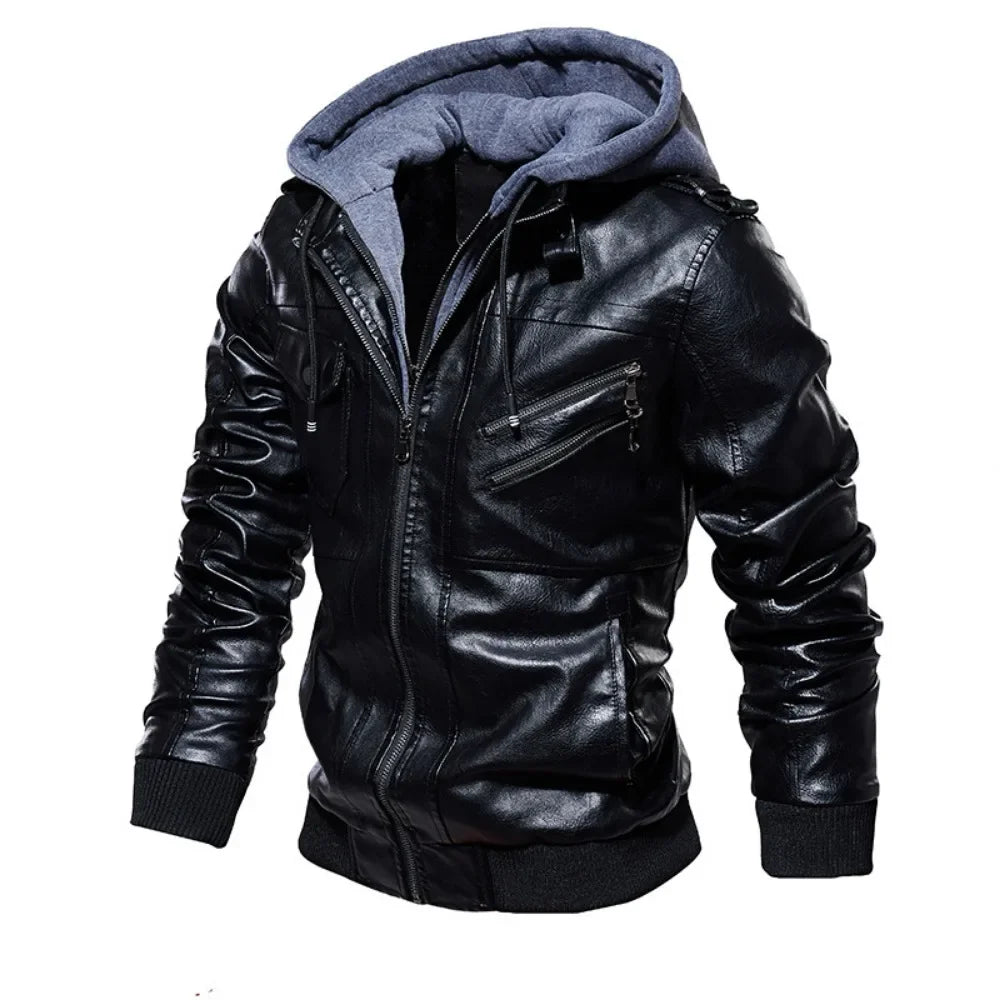 New Style Spring Antumn Men Brown Leather Motorcycle Jacket with Removable Hooded Male PU Jacket Coat EU Size High Quality