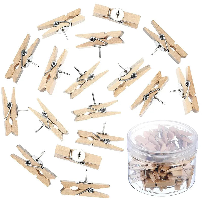 50Pcs/20PCS Wooden Clips Push Pins Tacks Decorative Photo Clips Supplies Office School Stationery Binder