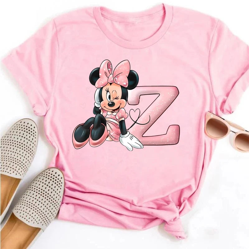Disney Cartoon Minnie Mouse Letter A B C D E F Print Women Summer T Shirt Harajuku Casual Short Sleeves Pink Female Tshirts