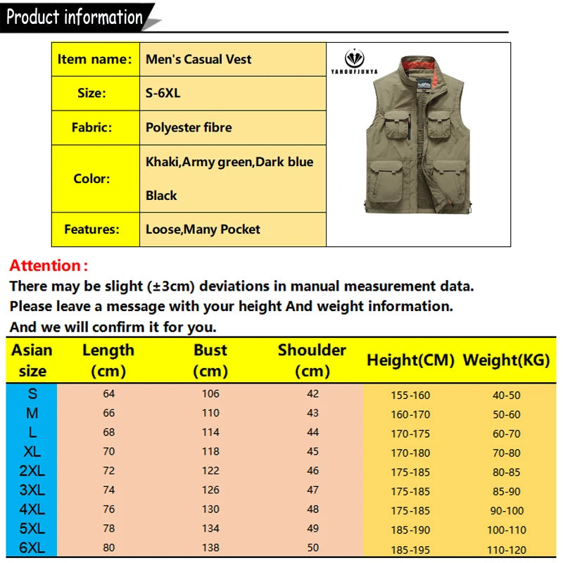 2024 Men Spring Summer Many Pocket Casual Stand Collar Vest Men Sleeveless Solid Color Outdoors Fashion Style Vest Male Coat 6XL