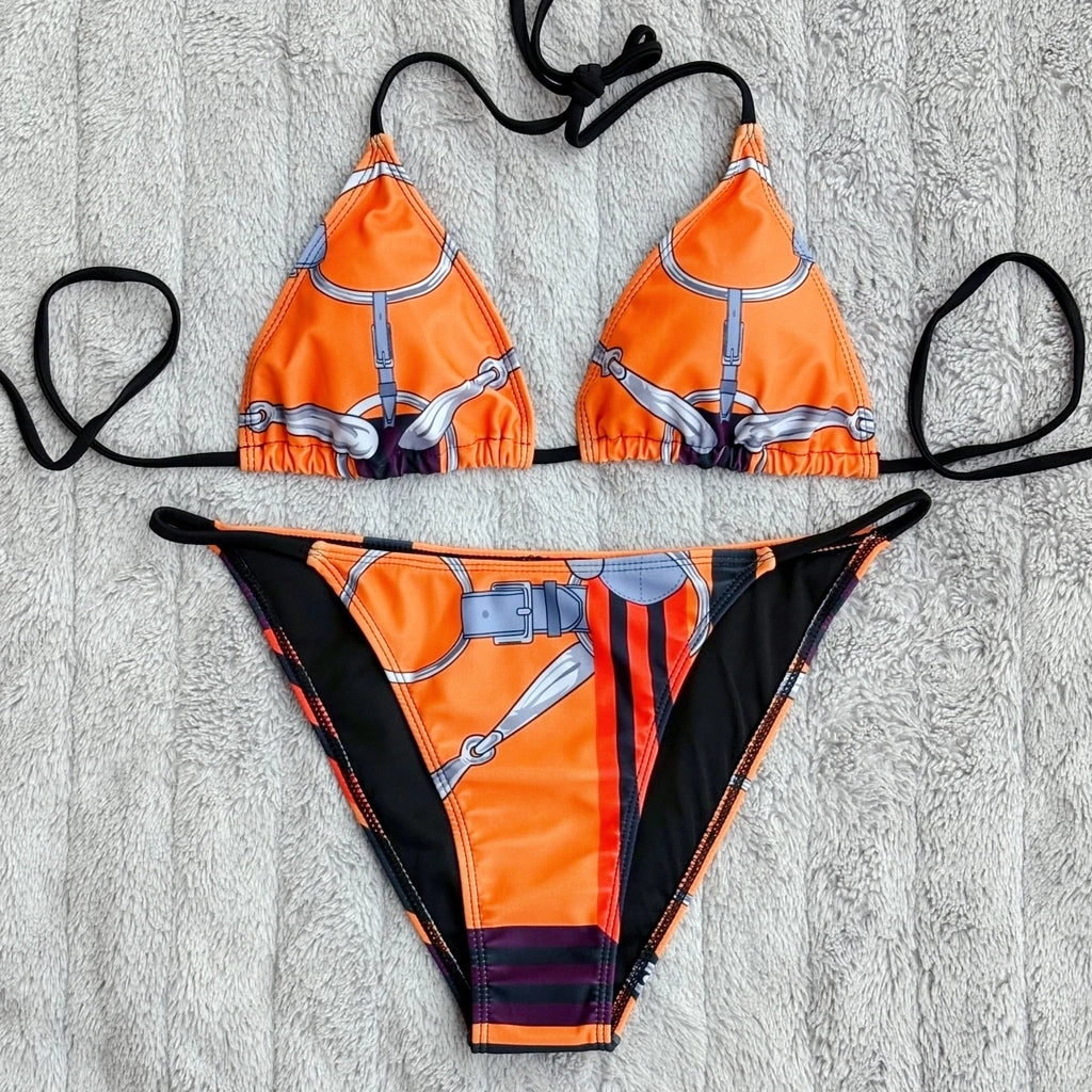 Luxury Sexy Orange Geometry Print Bikini 2 pieces Set Women Halter Elastic Thong Swimsuit Beach Bathing Suit Holiday Beachwear
