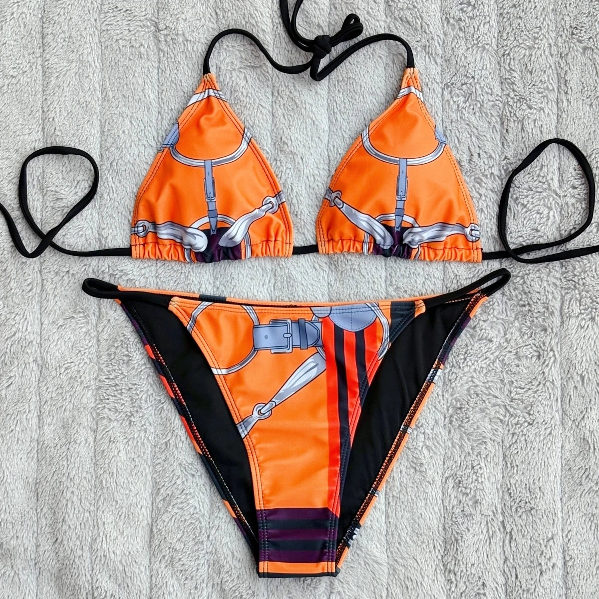 Luxury Sexy Orange Geometry Print Bikini 2 pieces Set Women Halter Elastic Thong Swimsuit Beach Bathing Suit Holiday Beachwear