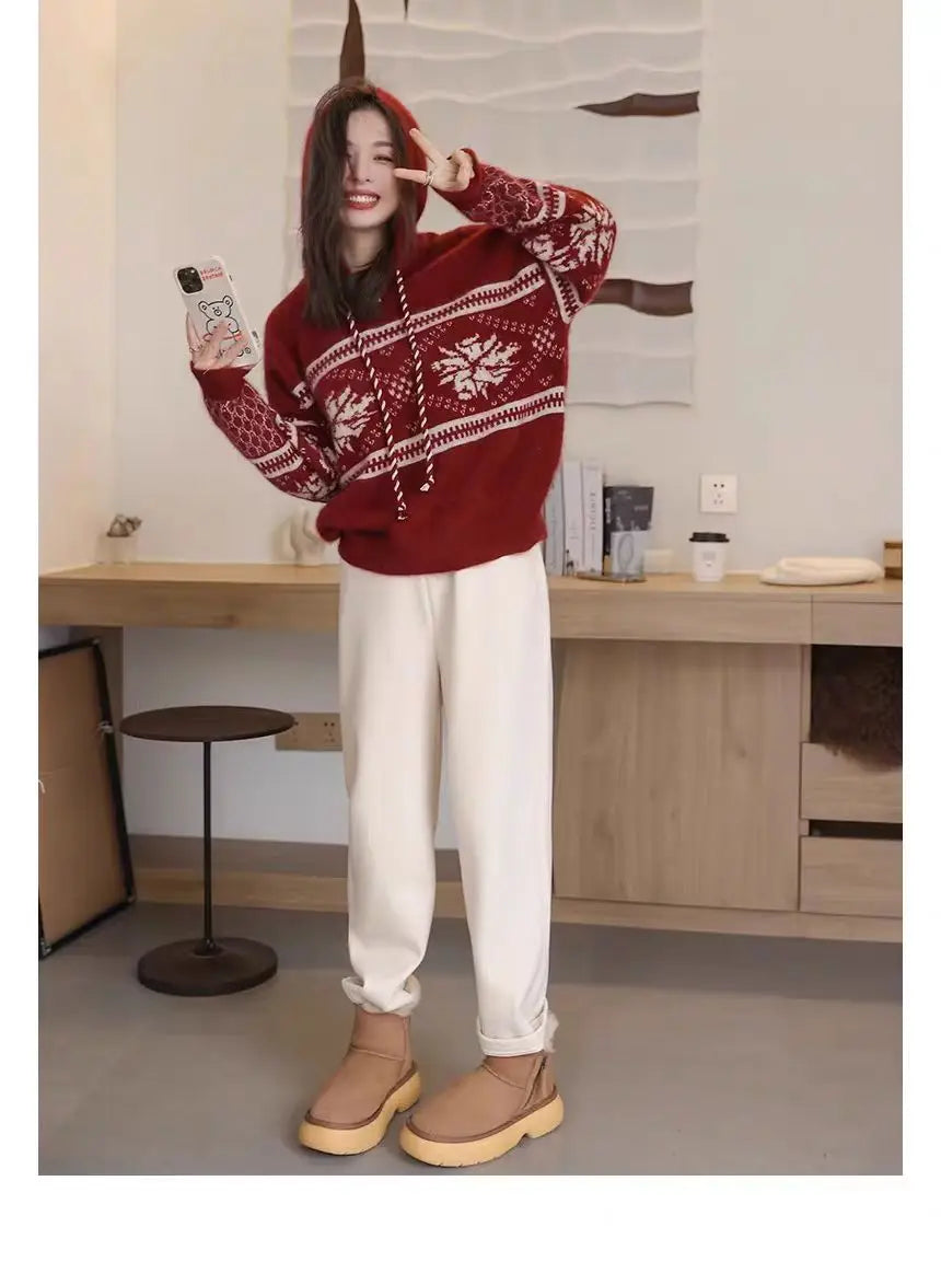 100% pure wool cashmere sweater women's 2024 autumn and winter new hooded collar pullover fashionable loose knit plus size top