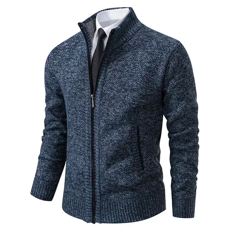 2025 Autumn and Winter New Jersey Men's Casual Sports Coat Solid Color Stand Collar Sweater Grab Fleece Warm Zipper Cardigan