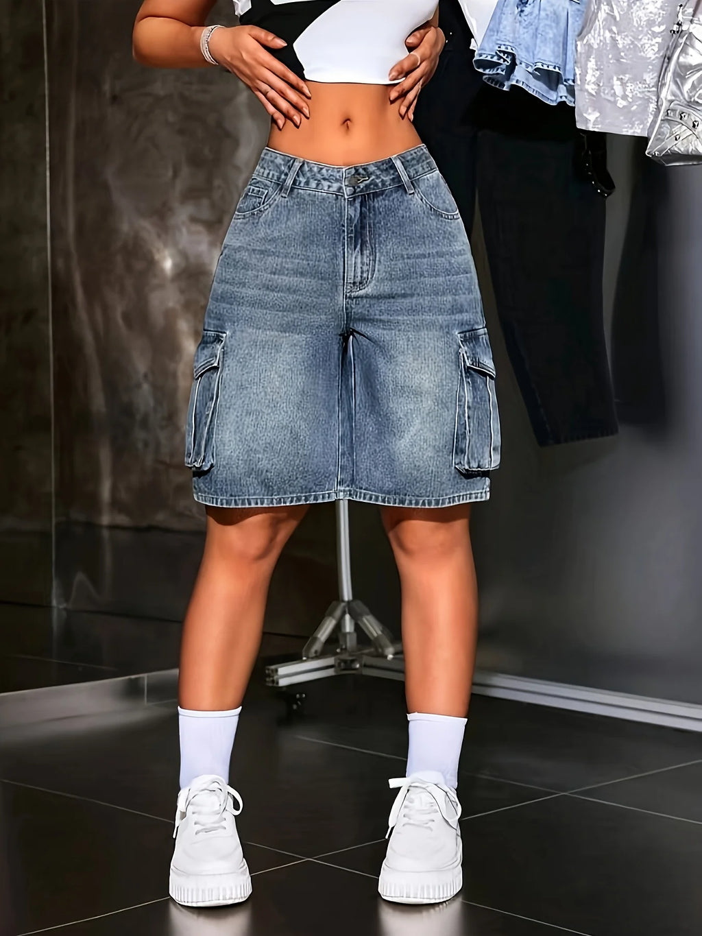 Women's Multi-Pocket Bermuda Blue Overalls