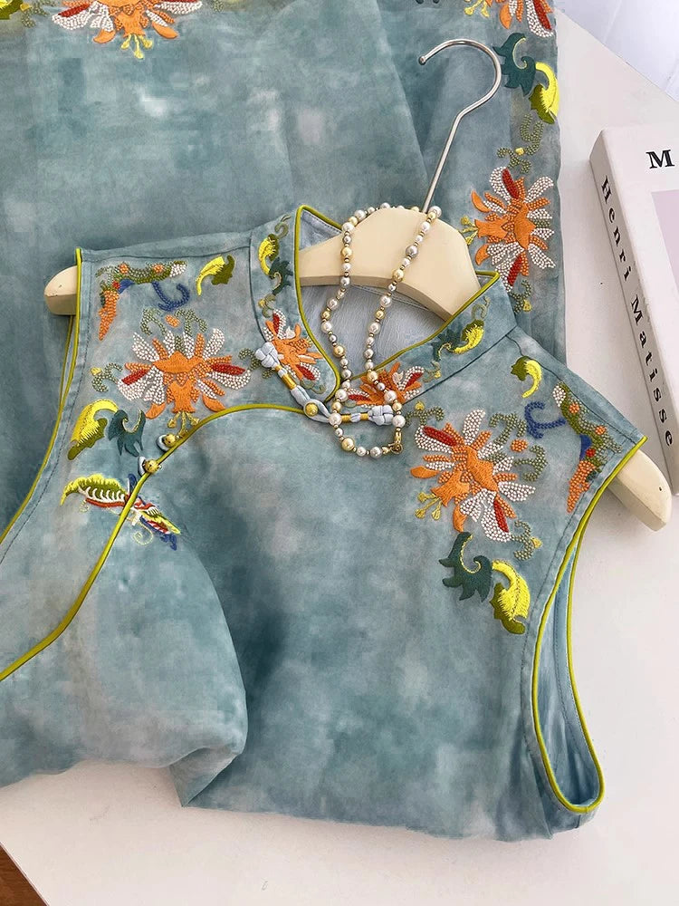 Chinese Style Blue Cheongsam Dress Women Autumn 2025 Embroidered Slim Fit Elegant Qipao Midi Dress Vintage Fashion