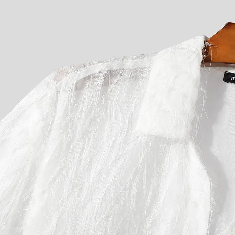 2024 Men Shirt Tassel Chiffon Transparent Lapel Short Sleeve Sexy Men Clothing Summer Streetwear Party Fashion Camisas INCERUN