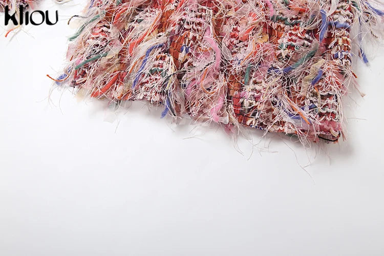 kliou Stacked Pleated Women Mini Dress 2024 New Stunning O-neck Body-shaping Patchwork Vestidos Female Attractive Party Frock