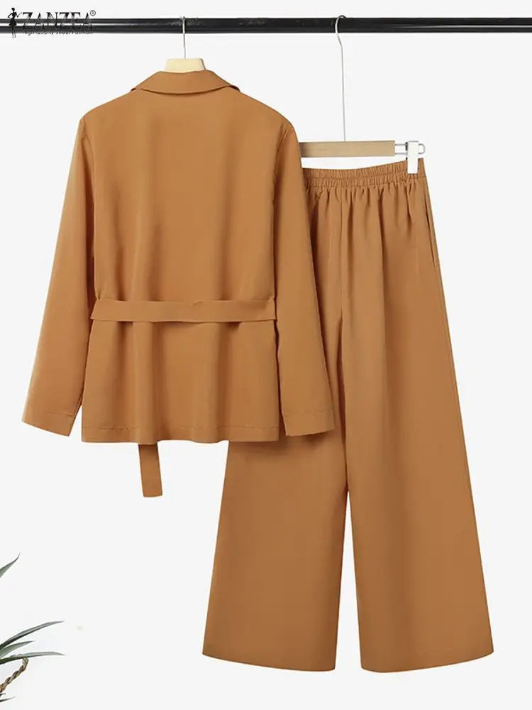 ZANZEA Autumn 2 Pieces Sets Fashion Lapel Neck Long Sleeve Shirt Pant Suits 2025 Elegant Women OL Work Tracksuit Solid Outfits