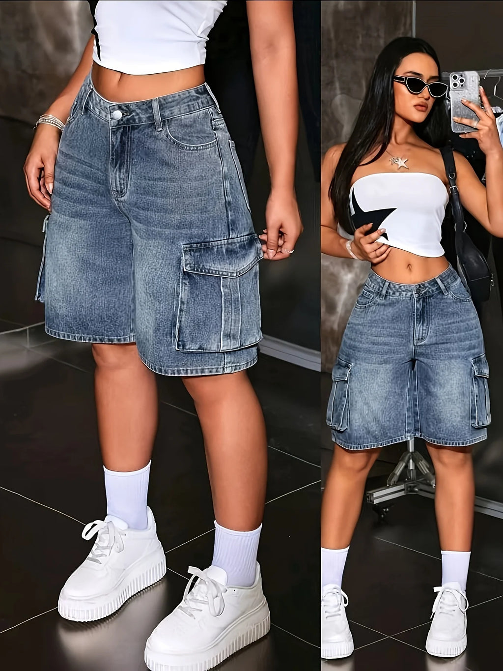 Women's Multi-Pocket Bermuda Blue Overalls