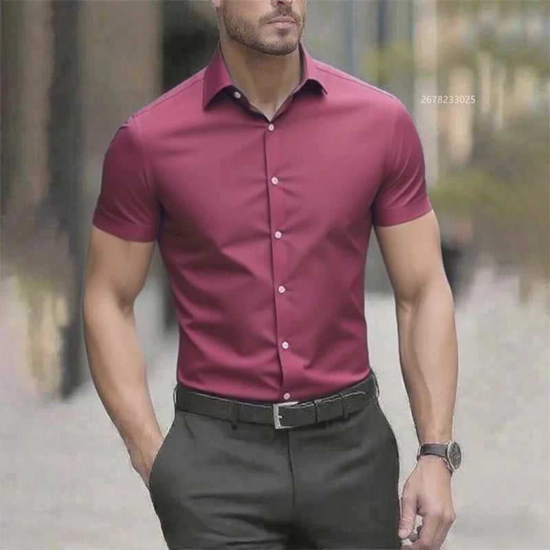 Solid color men's shirt casual shirt, high quality solid color short sleeve stretch fabric, business formal shirt, XS-6XL size