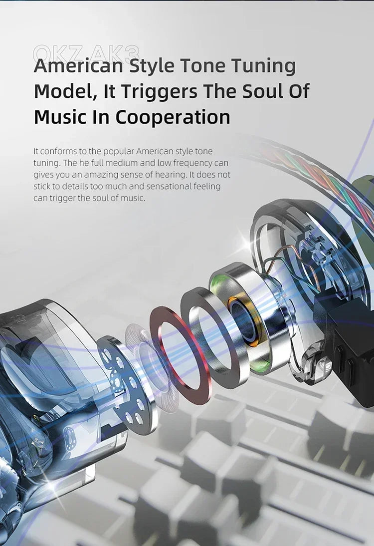 QKZ AK3 FiLe Wired Earphone Microphone HiFi Music Monitor Bass Headphones Noise Cancelling Headset for Sport  Gaming Accessories