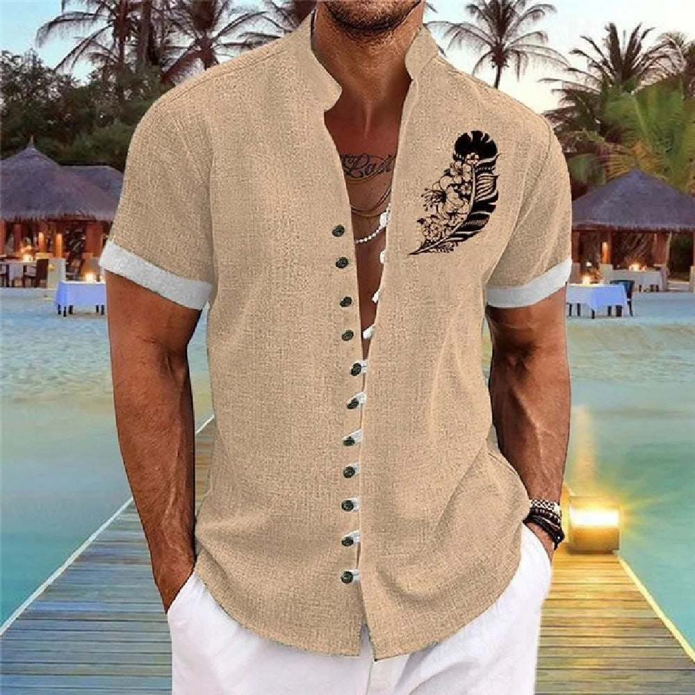 New men's linen short-sleeved shirt, with a fashionable retro style, ethnic motif printing, comfortable and breathable. Men's sh
