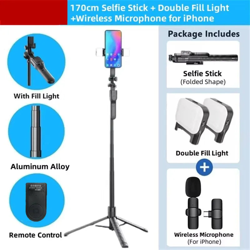 COOL DIER New 1.7M Wireless Selfie Stick Tripod Foldable Stand For Gopro Action Cameras Smartphones Balance Steady Shooting Live