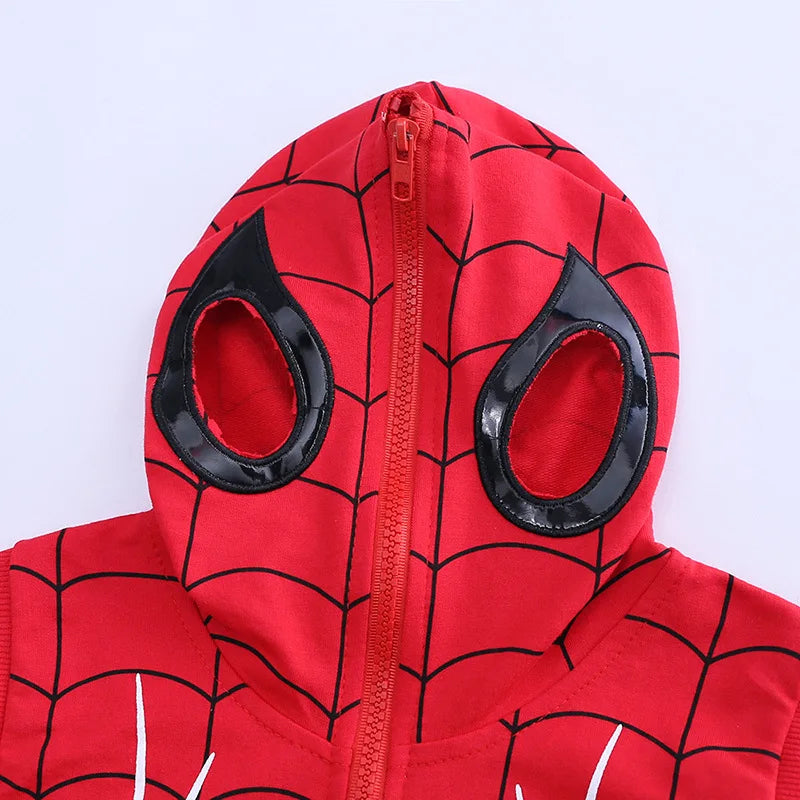 3pcs Cartoon Print Spiderman Cosplay Costume Autumn Kids Boys Sleeveless Hooded Vest +T Shirt+Pant Tracksuit Children Outfits