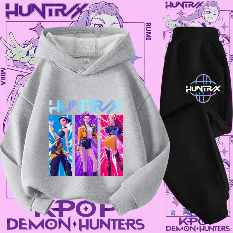 K-pop Demon Hunter New Children's Hoodie Set - Cute Girls' Casual Top for Kids,Boys' Sports Shirt with Cartoon Print-2-Piece Set