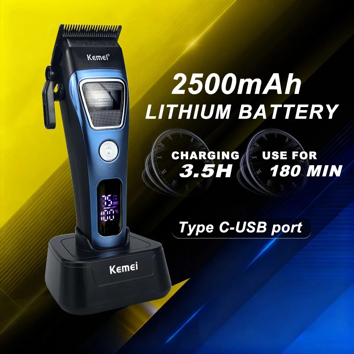 Kemei KM-1911 Professional Hair Clipper for Men DLC Blade External Rotor Brushless Motor with Base Charger LED Display Haircut