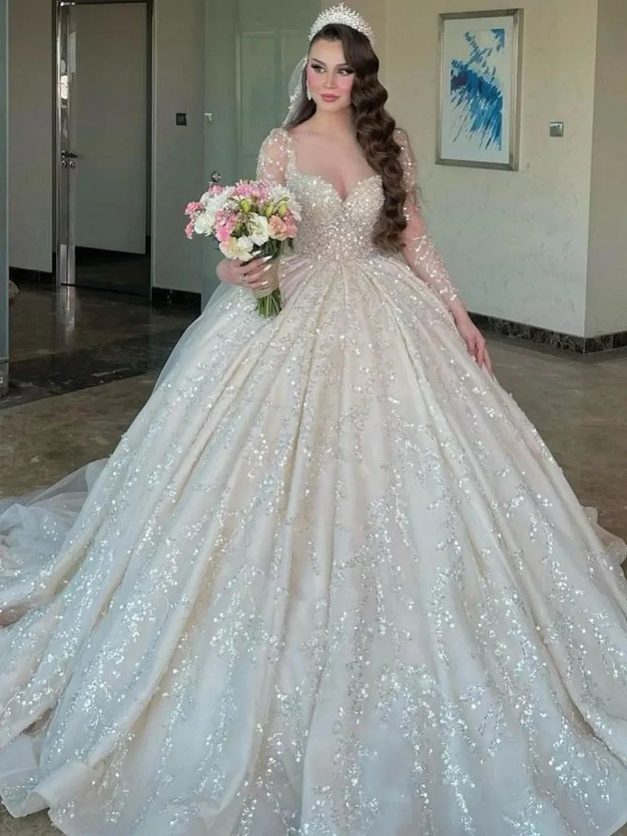 Customzied Luxury Long Sleeve Dubai Wedding Dress Ball Gown Plus Size Sequined Beading Illusion Saudi Arabic Bridal Gown