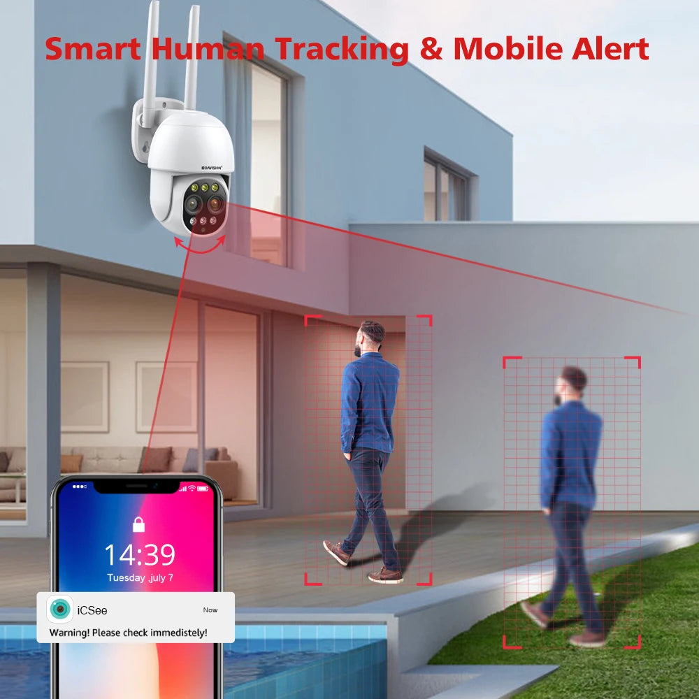 BOAVISION HD 8MP WIFI Camera PTZ Dual Lens 8X Digital Zoom Outdoor 4K AI humanoid Auto Tracking Zoom Audio iCSee Security Camera