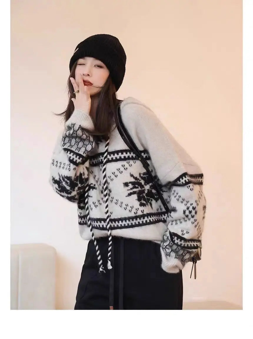 100% pure wool cashmere sweater women's 2024 autumn and winter new hooded collar pullover fashionable loose knit plus size top