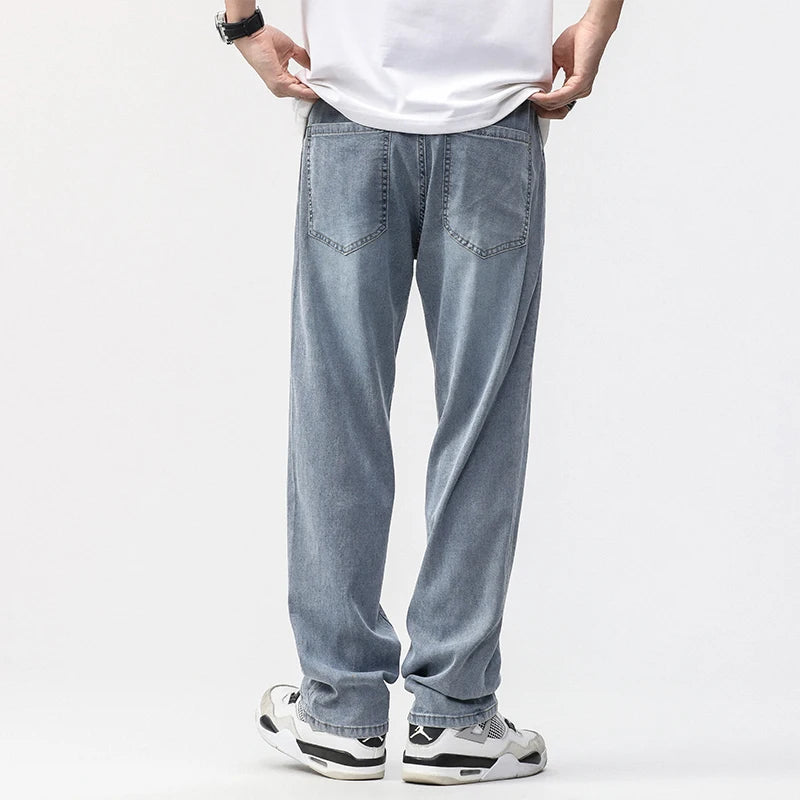 190cm Tall Man Jean Lyocell Wide Leg Denim Pant Male Extra Long Length 115cm 120cm Summer Big Clothes Light Stretch Straight Fit