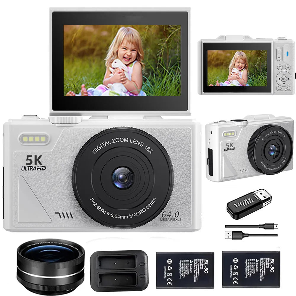 5K 75MP Digital Camera for Photography 18X Zoom YouTube Vlog Video Camera 3’’ Flip Screen Beginner Anti-shake Selfie Camcorder