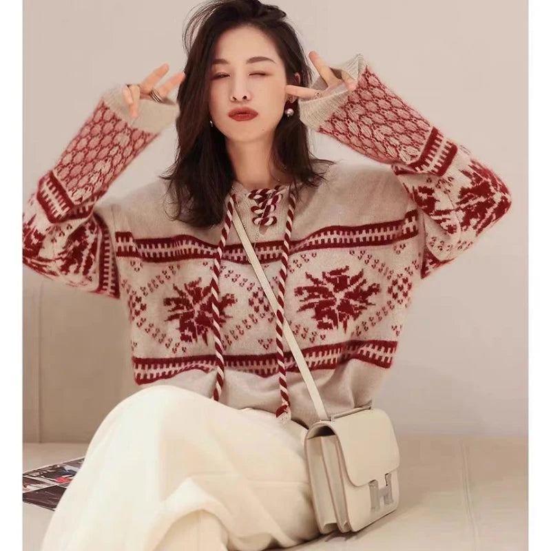 100% pure wool cashmere sweater women's 2024 autumn and winter new hooded collar pullover fashionable loose knit plus size top