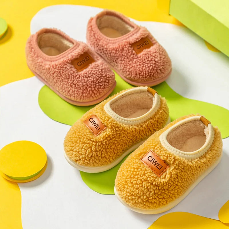 Children Cotton Slippers Solid Warm Kids Winter Home Shoes Boys Girls Plush Floor Shoes Indoor Soft Sole Anti-slip Cotton Shoes