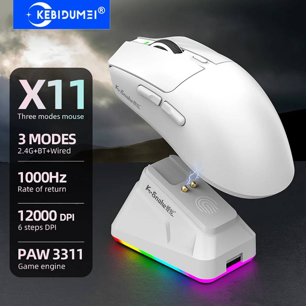 X11 PAW3311 Tri-Mode Bluetooth Mouse 12000 DPI Wireless Mouse Gaming Mouse RGB Touch Magnetic Charging Base BT/2.4G/Wired Mice