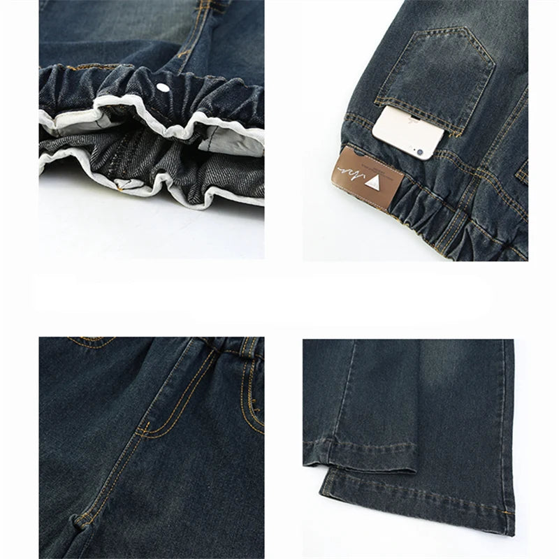 Child Fashion High-Waisted Wide-Leg Jeans For Tween Girls Streetwear Loose Denim Pants Kids Washed Dark Blue Jeans Trousers 5-14