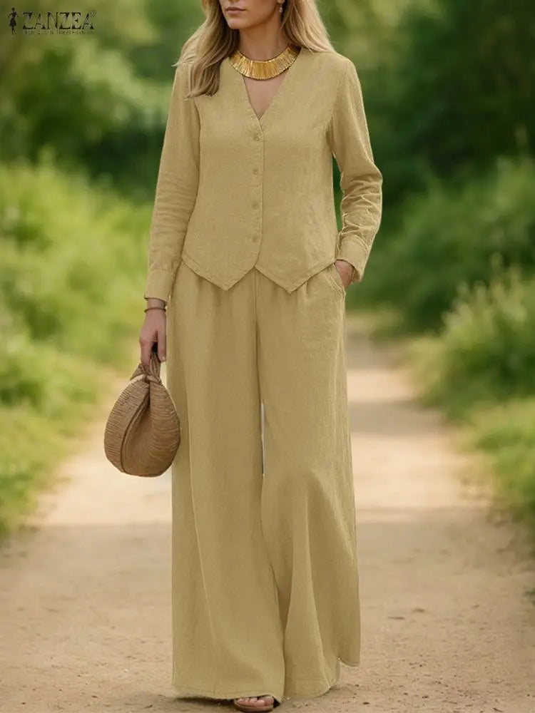 Fashion Autumn Pant Sets ZANZEA Women 2025 Matching Sets Elegant V Neck Long Sleeve Tops Pant Suit Casual Solid OL Work Outfits