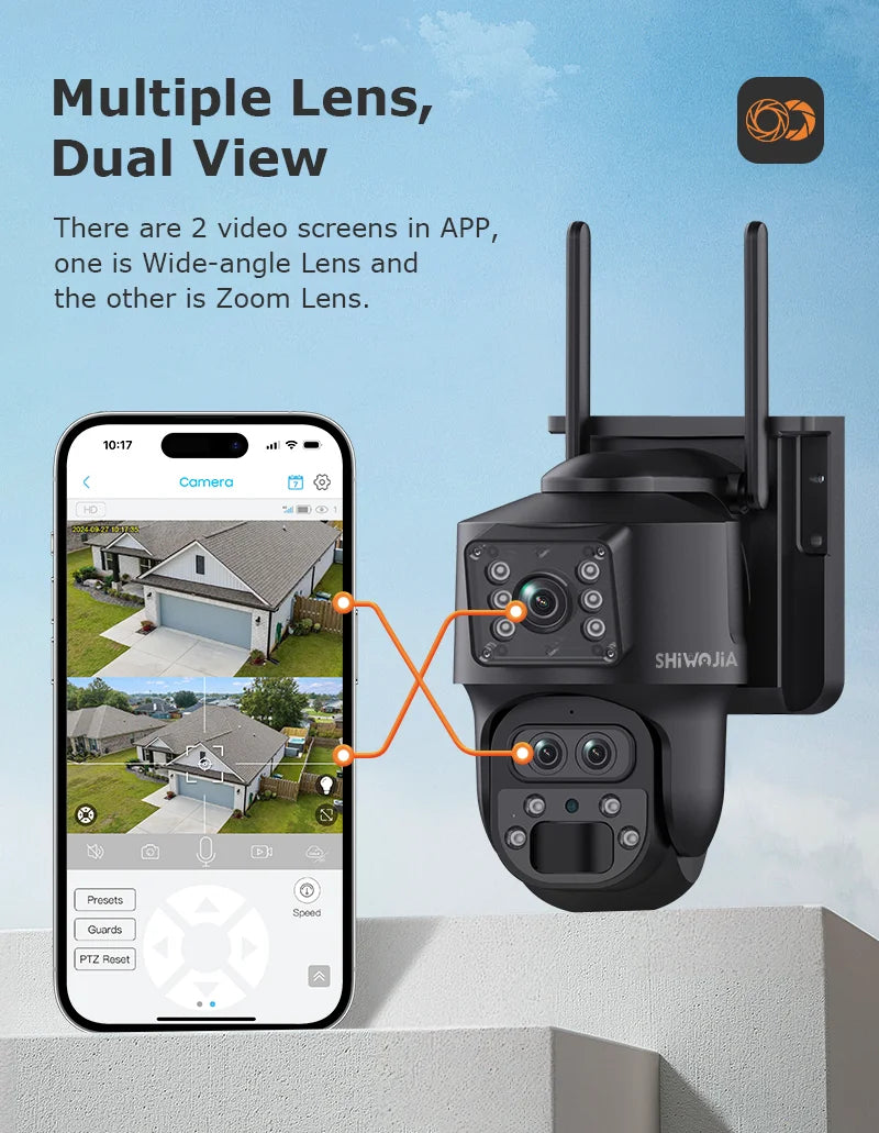 SHIWOJIA 15X ZOOM Solar Camera 4G 12MP Three Lens 360° View 5W Solar Panel Security Outdoor PTZ IP Camera 7800mAh Battery UBOX