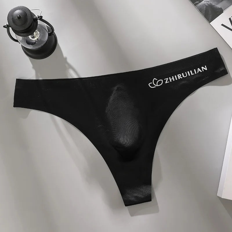 Men's Thongs Low Waist Underwear Sexy Ice Silk T-Back Panties Breathable Quick Drying G-string Seamless Ultra-thin Underpants