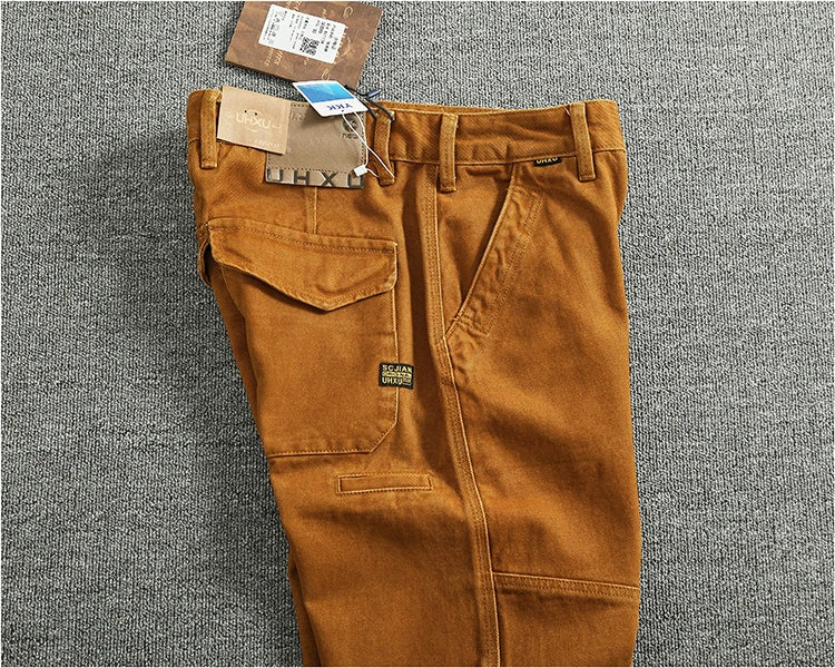 Retro heavy simple cargo pants men's loose straight leg casual pants pure cotton twill woven 3D vertical cut cone pants