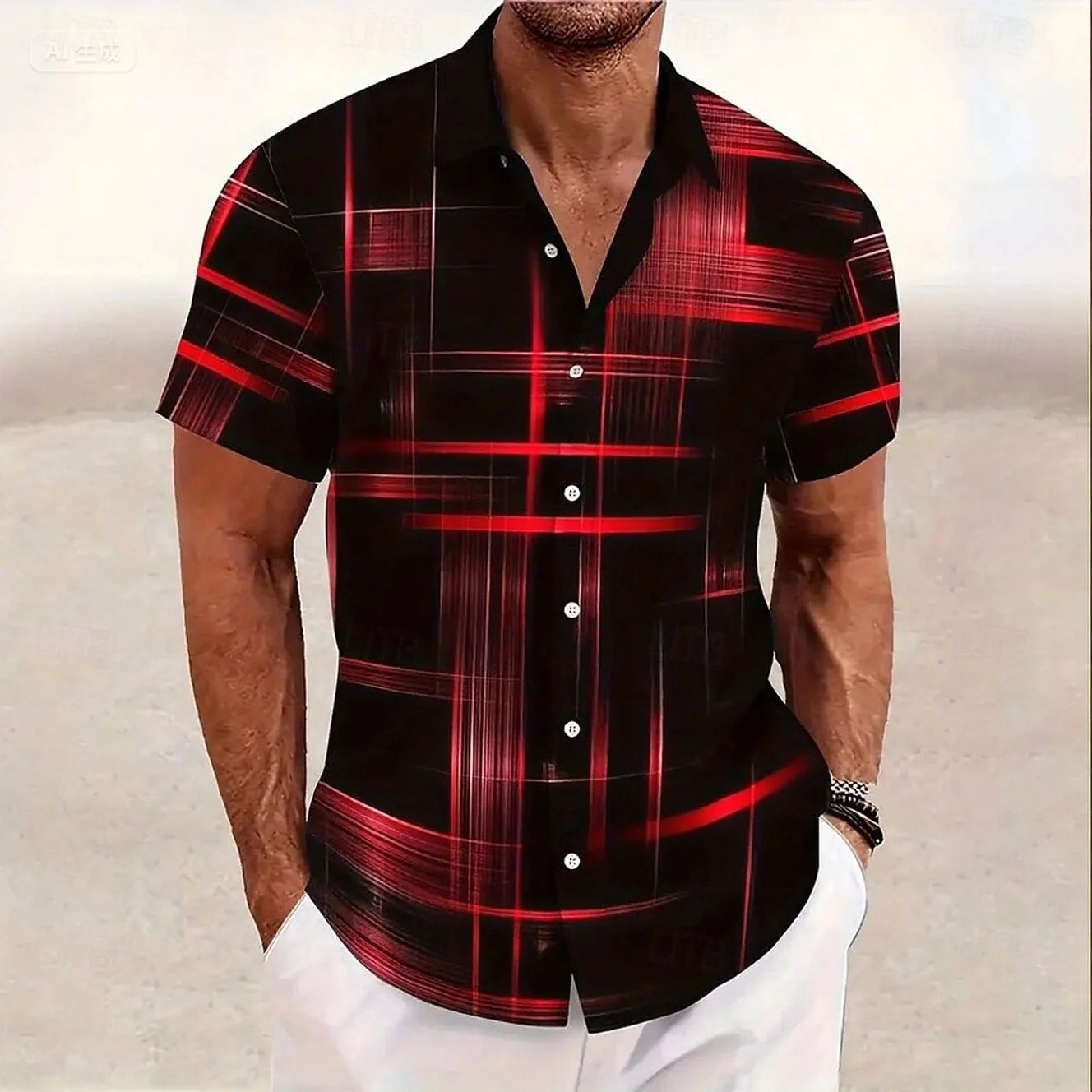 Men's Geometric Grid/Plaid Shirt Button-Down Shirt Short Sleeve Fashion Casual Resort Streetwear Summer Lapel 3D Printed Shirt