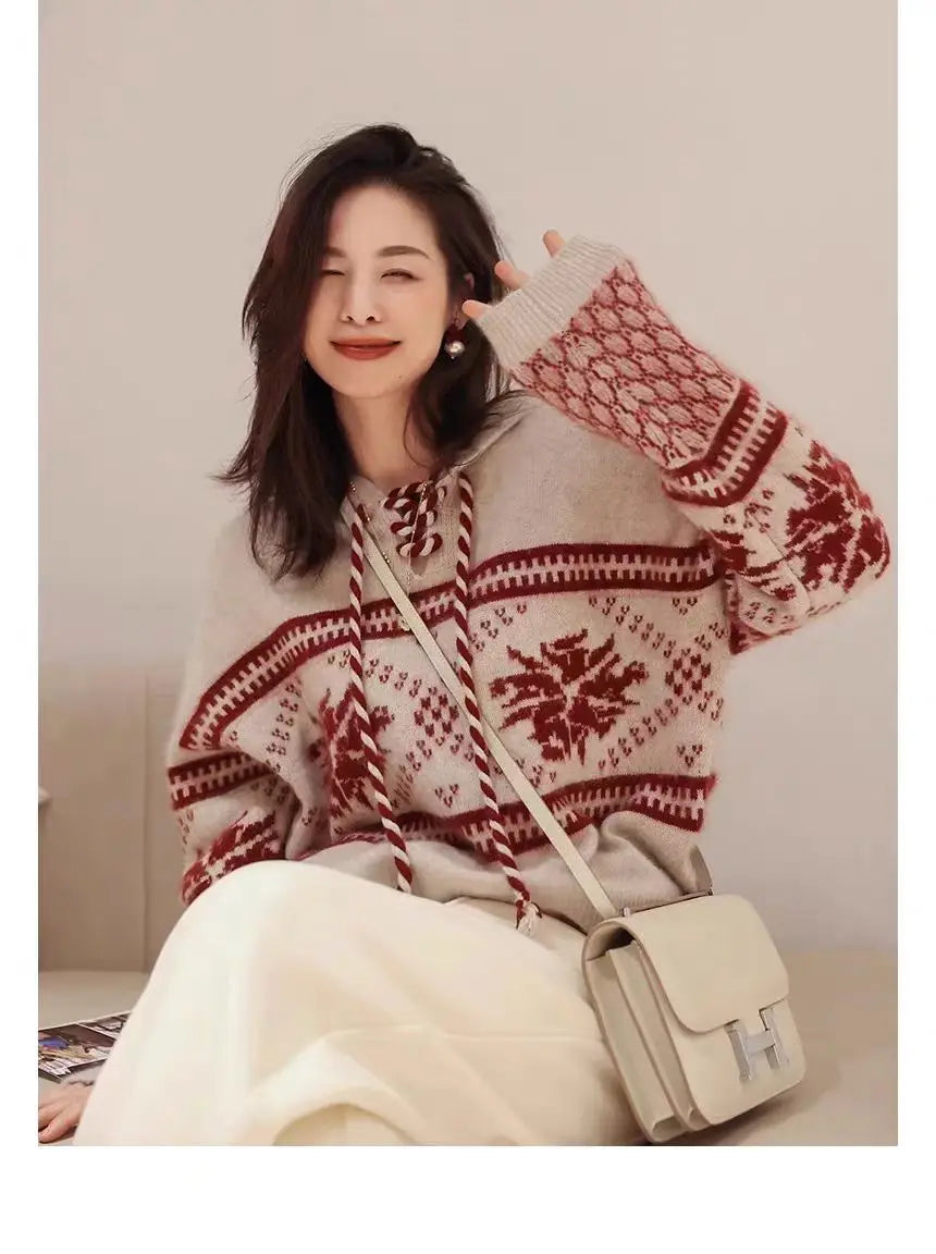 100% pure wool cashmere sweater women's 2024 autumn and winter new hooded collar pullover fashionable loose knit plus size top