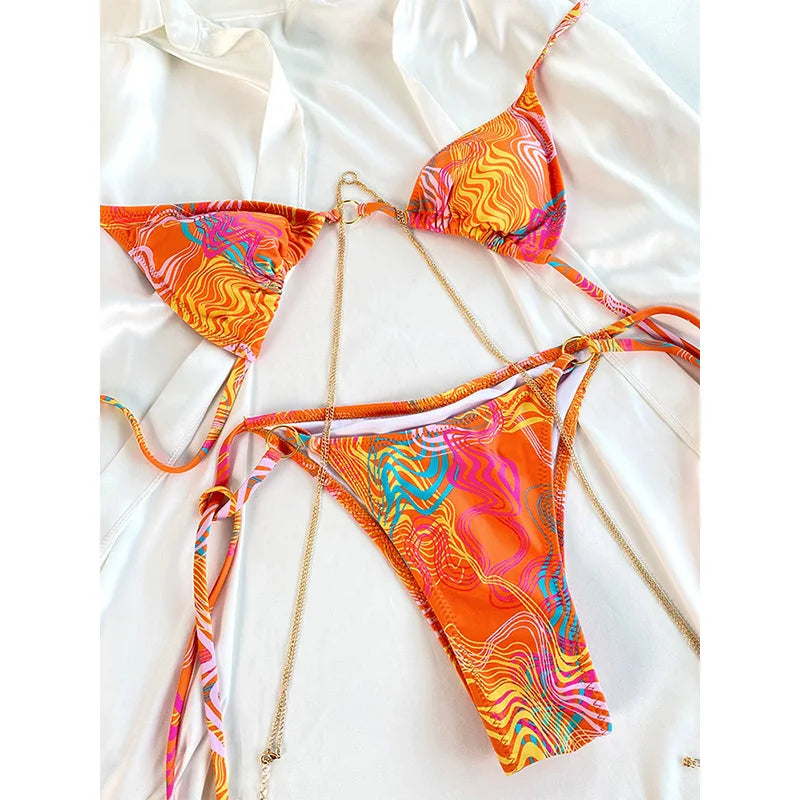Sexy Triangle Micro Bikini Sets Thongs Chains Swimsuit Women Bathing Suit Biquini Bandage Beachwear Print Swimwear Thong Bikini