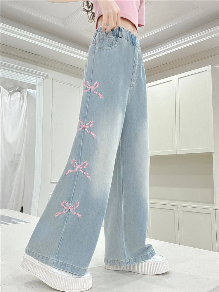 Autumn Kids Child Straight Jeans with Bows on The Side for Teens Girls Fashion Loose Fit Denim Pants Child Casual Jeans Trousers