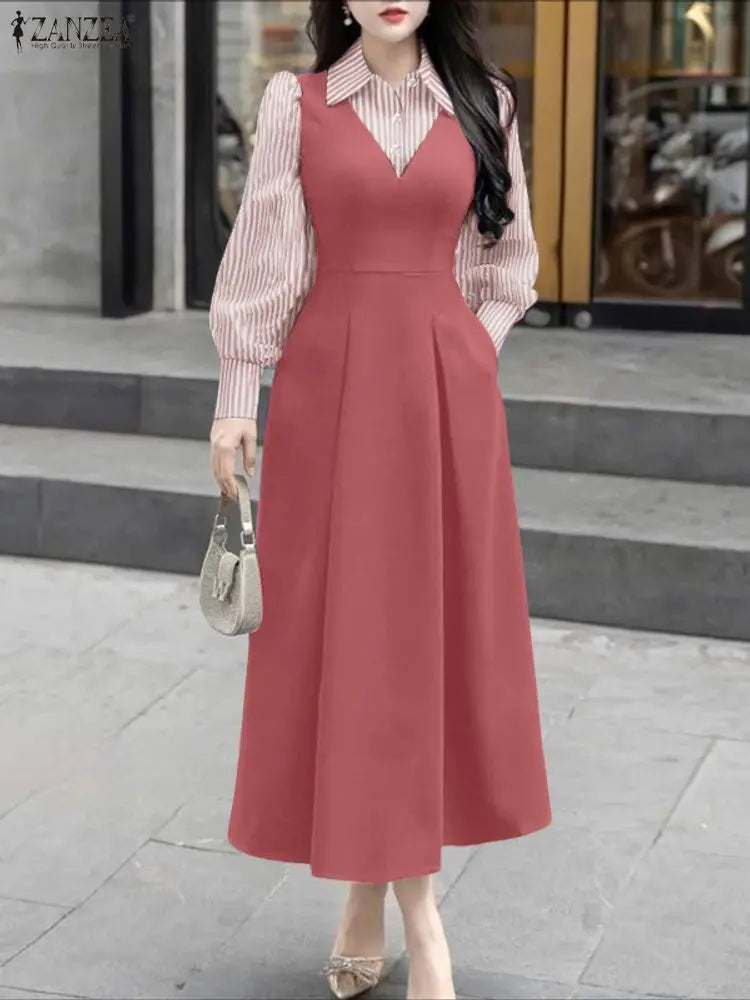 ZANZEA Women Long Shirt Dresses Autumn Long Sleeve Striped Fake 2 Piece Shirts Maxi Robe Fashion Elegant Office Party Vestidos