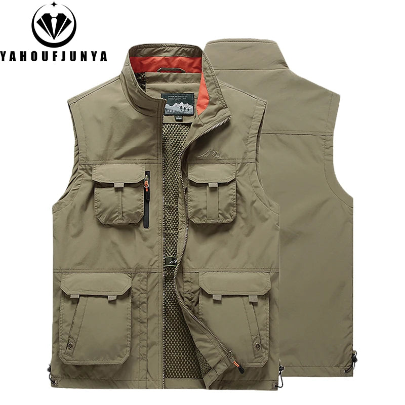 2024 Men Spring Summer Many Pocket Casual Stand Collar Vest Men Sleeveless Solid Color Outdoors Fashion Style Vest Male Coat 6XL