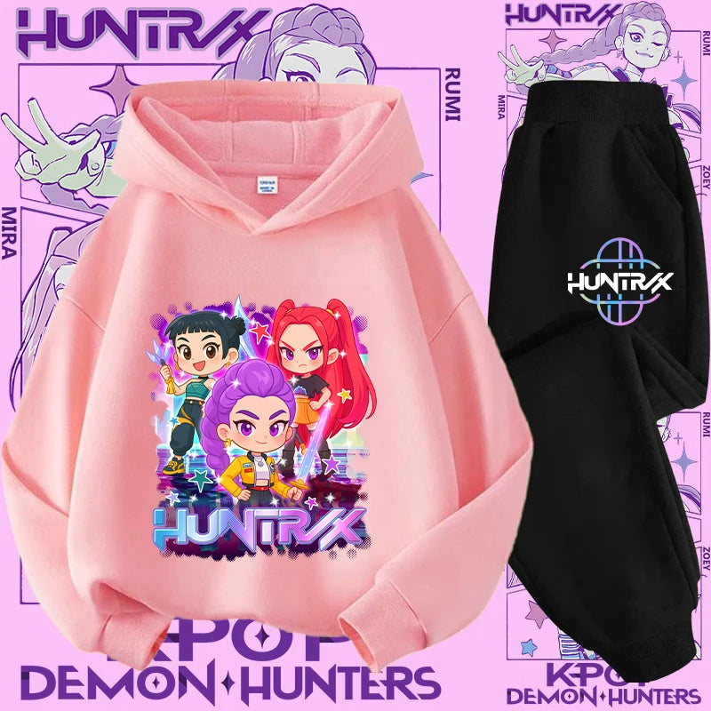K-pop Demon Hunter New Children's Hoodie Set - Cute Girls' Casual Top for Kids,Boys' Sports Shirt with Cartoon Print-2-Piece Set
