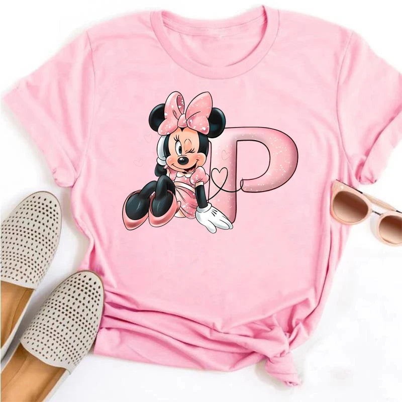 Disney Cartoon Minnie Mouse Letter A B C D E F Print Women Summer T Shirt Harajuku Casual Short Sleeves Pink Female Tshirts